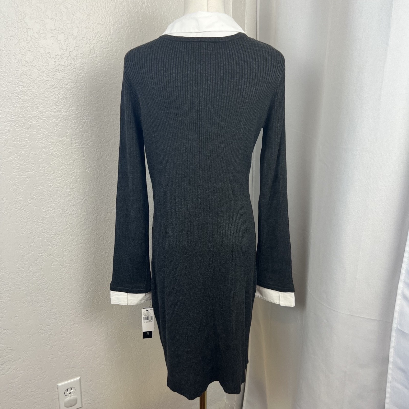 Layered V-Neck Sweater Dress Womens Xl Grey Fitted Ribbed Preppy Old Money Chic — image 4 of 8